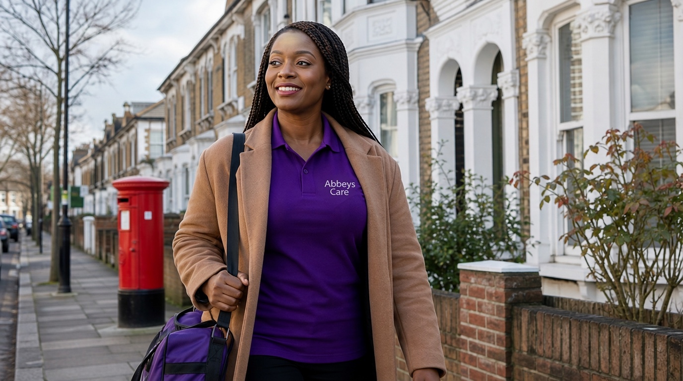 Abbeys Care carer in purple branded uniform arriving for a morning home care visit on a residential street in Newham