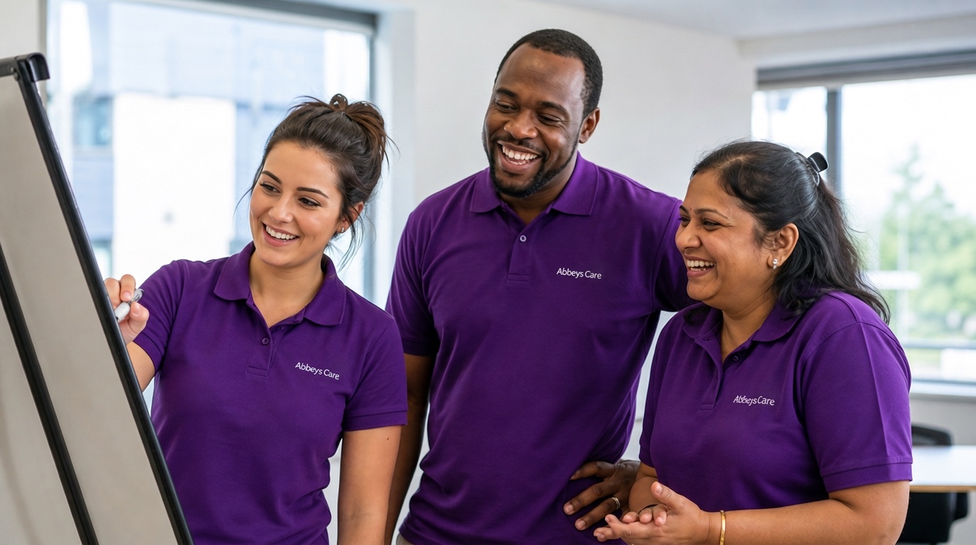 New Abbeys Care team members in purple branded uniforms enjoying a training session together in Stratford