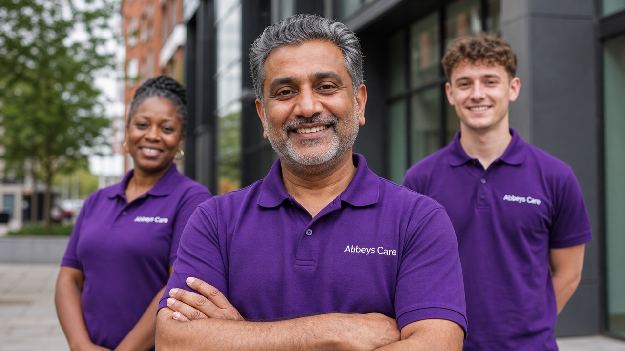 The Abbeys Care team in purple branded uniforms outside the Stratford office