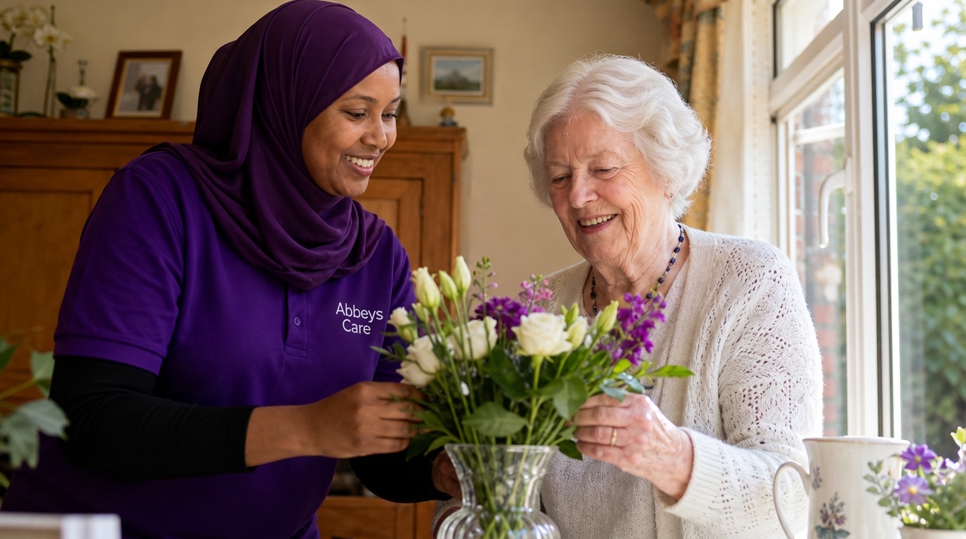 Abbeys Care home carer in purple branded uniform helping an elderly gentleman with daily activities at home in Newham