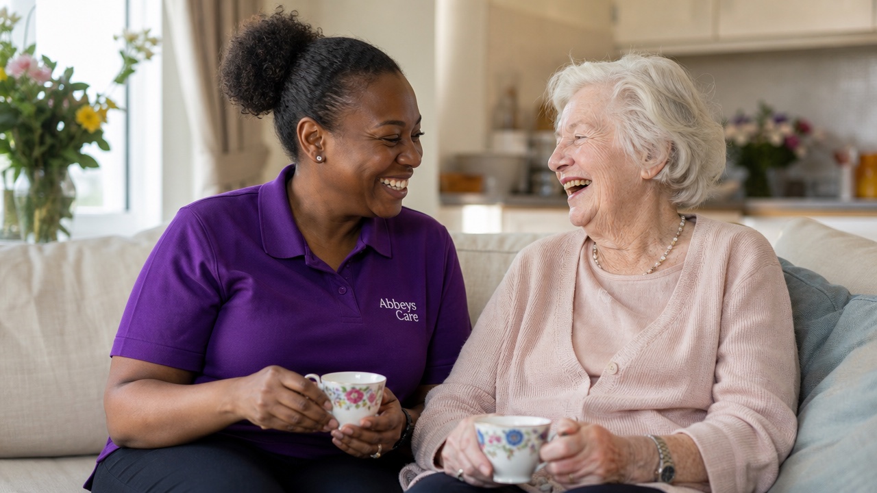 Abbeys Care carer in purple branded uniform enjoying a cup of tea with an elderly lady during a home care visit in Stratford